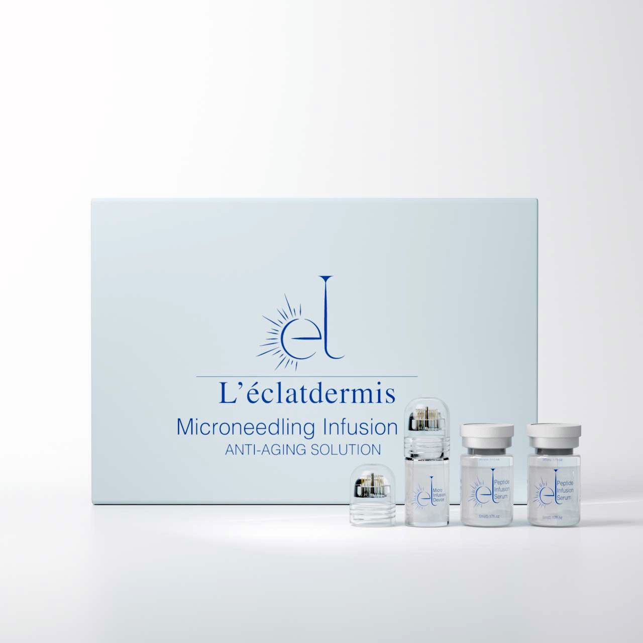 ÉclatDermis skincare kit packaging with sterile microneedling heads and serum